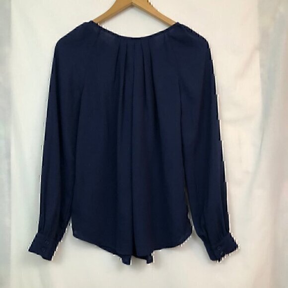 BELLATRIX Pleat Neck Long Sleeve Blouse Solid Navy Blue Polyester Peasant Top XS - Picture 8 of 8